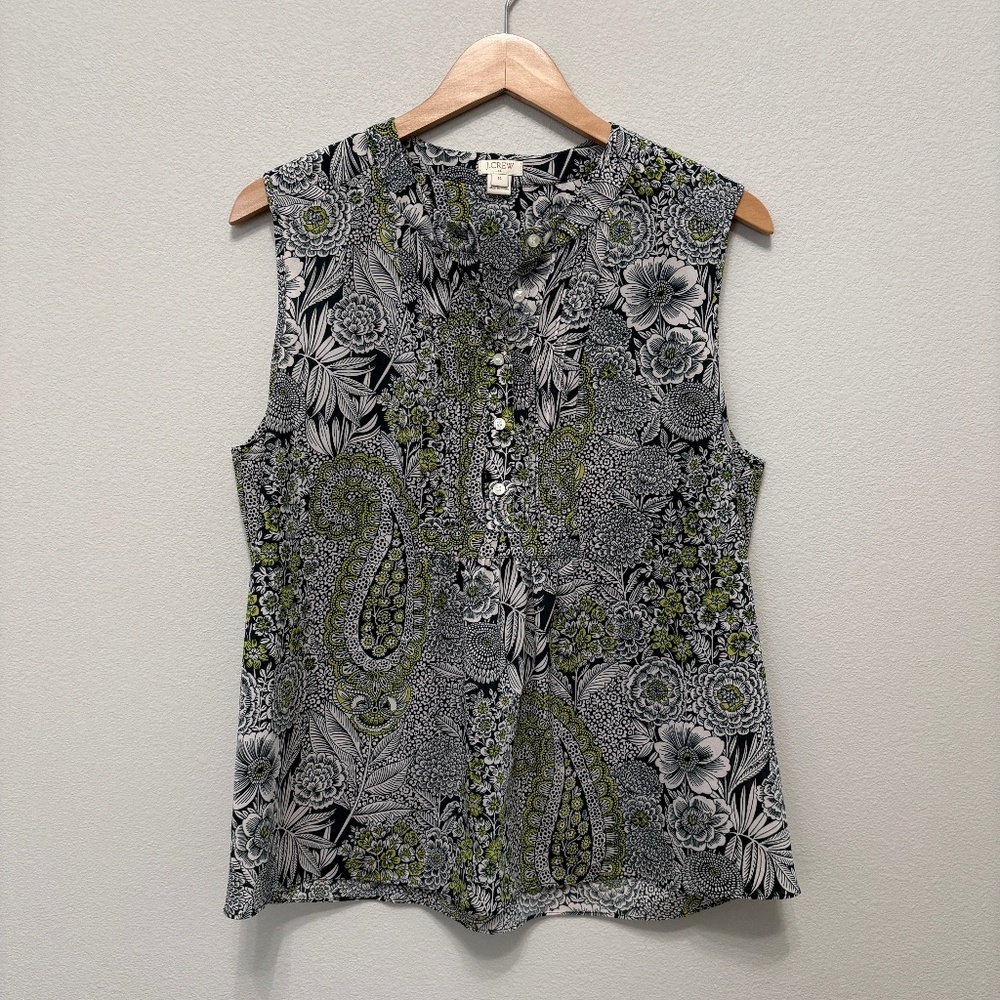J. Crew Factory Printed Tuxedo Sleeveless Top - Green, White, & Yellow 12